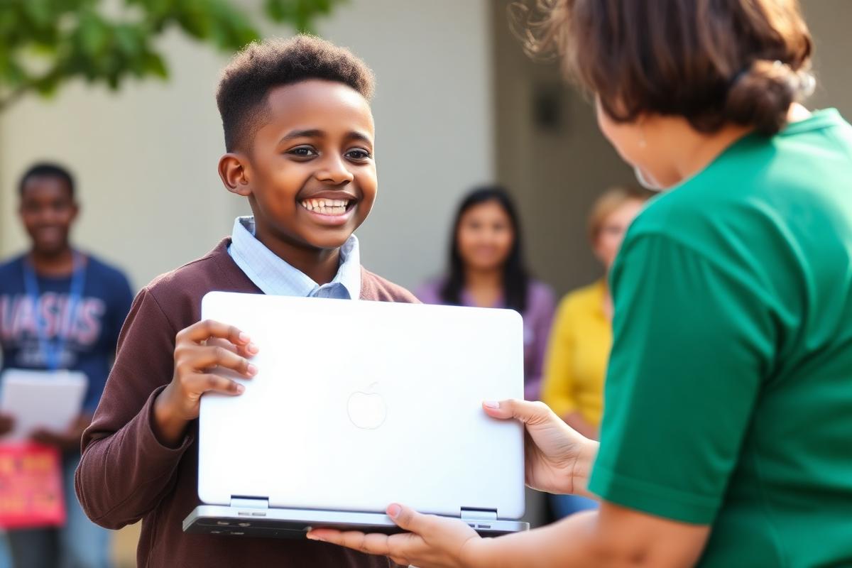Community members receiving donated laptops